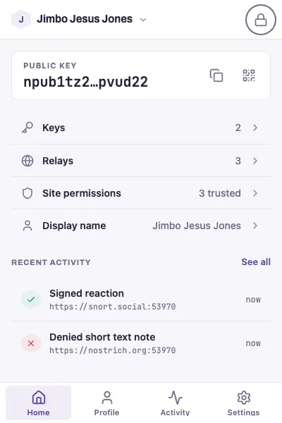 Ostrilo's populated home: two keys, three relays, site permissions, and signed and denied activity